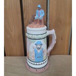 Vintage Large German Decorative Beer Stein 13" Handpainted With Man on Lid